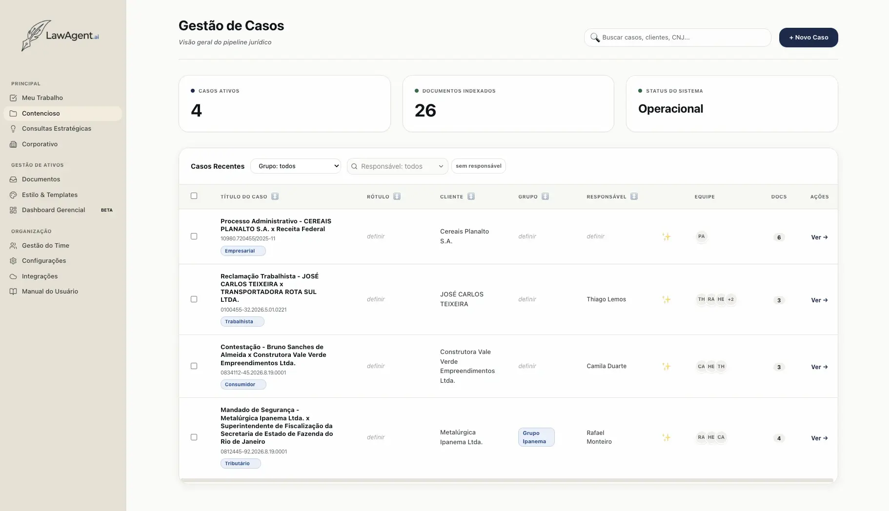 LawAgent’s case-management screen: the firm’s active cases with client, group, owner, team and document counts, plus indexed-document and system-status tiles.